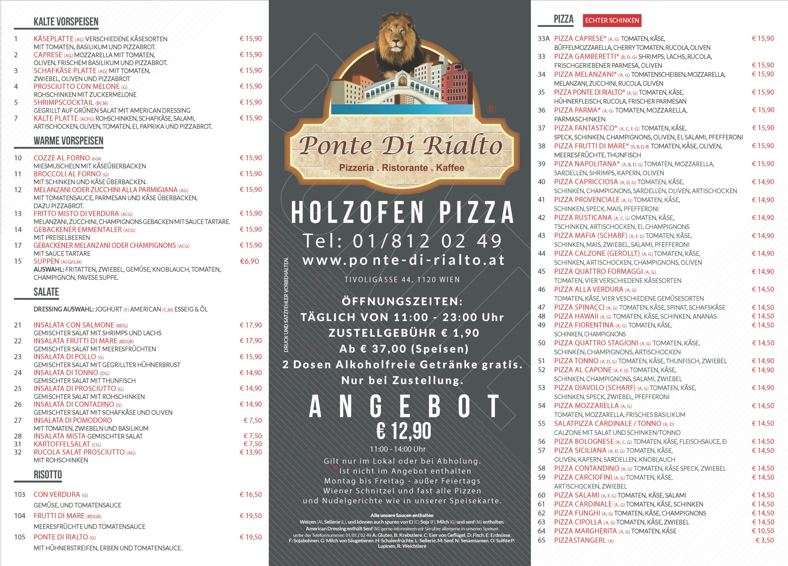 Holzofen Pizza Angebote und Zustellflyer – Ponte Di Rialto Lieferservice Wien 1120