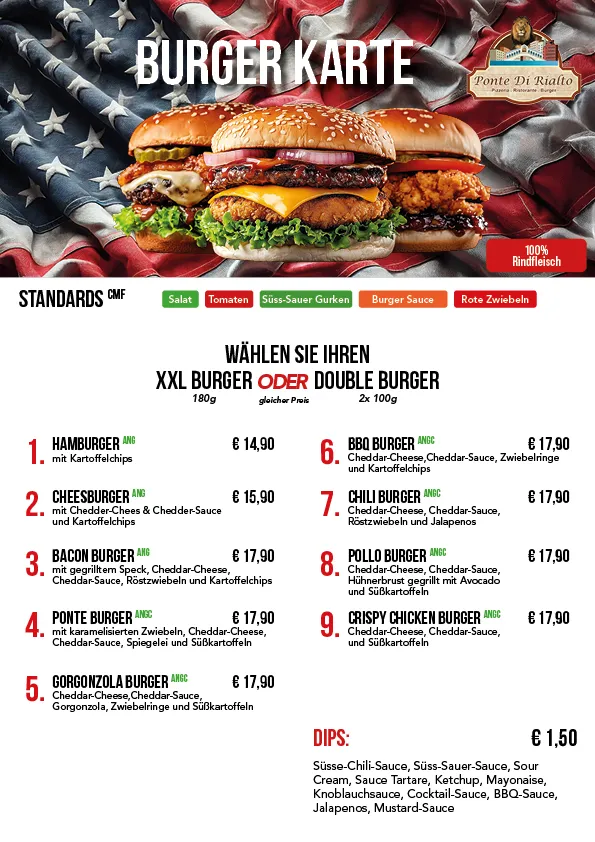 Burger Karte Ponte Di Rialto – XXL Burger und Double Burger ab 14,90 Euro